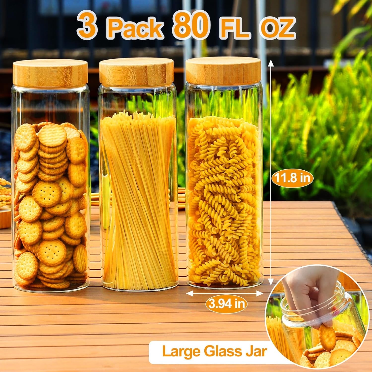 Glass Canisters with Airtight Bamboo Lids - 3 Pack 80Oz Cereal Containers, Cookie Jars, Pasta Storage - Screw on Kitchen Jars